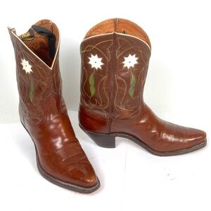 Justin 50's Pee Wee Cowboy Boots - Cloth Pulls Brown Vintage 1950s Inlaid Flower